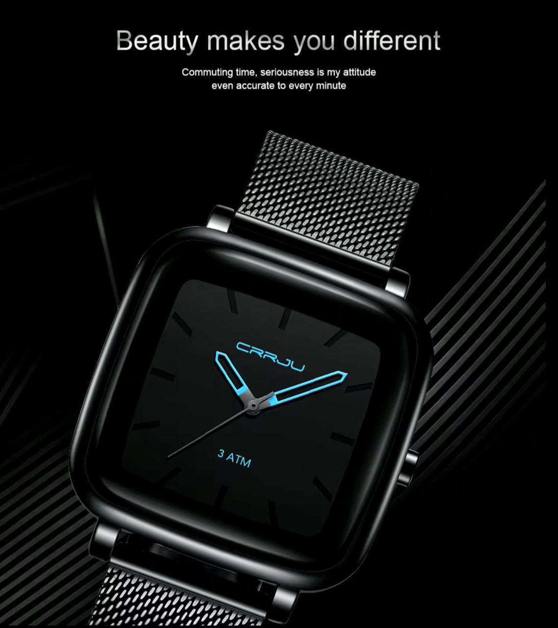3ATM Waterproof CRRJU 2199 Fashion New Design Quartz Watch Men Square Dial Mesh Strap Wristwatch Men's Watches