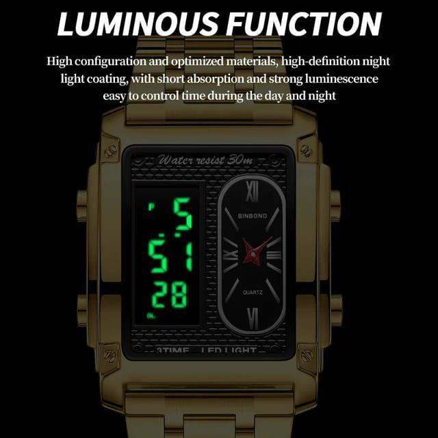 Binbond Golden Square B2311 LED Luxury Watch Fashion Quartz Digital Wristwatch Stainless Steel Business Watches For Men