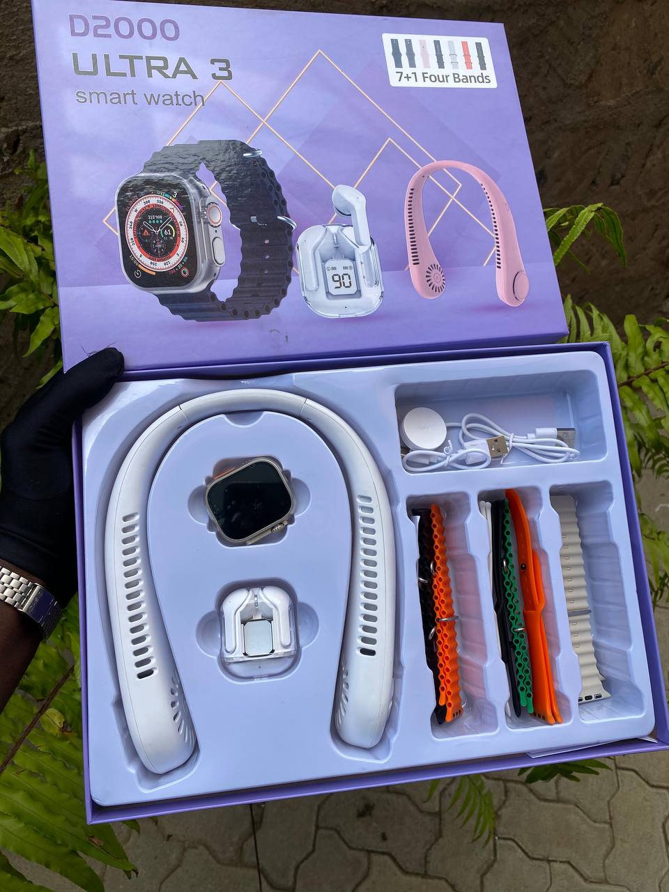 Smart watch D2000 Ultra 3 Smart watch 7 interchangeable straps + Earbuds + Rechargeable Neck Fan new year 2025