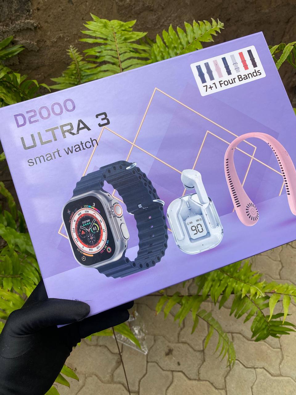 Smart watch D2000 Ultra 3 Smart watch 7 interchangeable straps + Earbuds + Rechargeable Neck Fan new year 2025