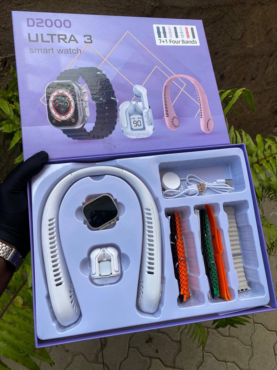 Smart watch D2000 Ultra 3 Smart watch 7 interchangeable straps + Earbuds + Rechargeable Neck Fan new year 2025