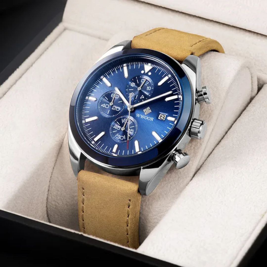 Chronograph Watch WWOOR 8838 Men Quartz Casual Wristwatch Blue black Sports Leather Watches