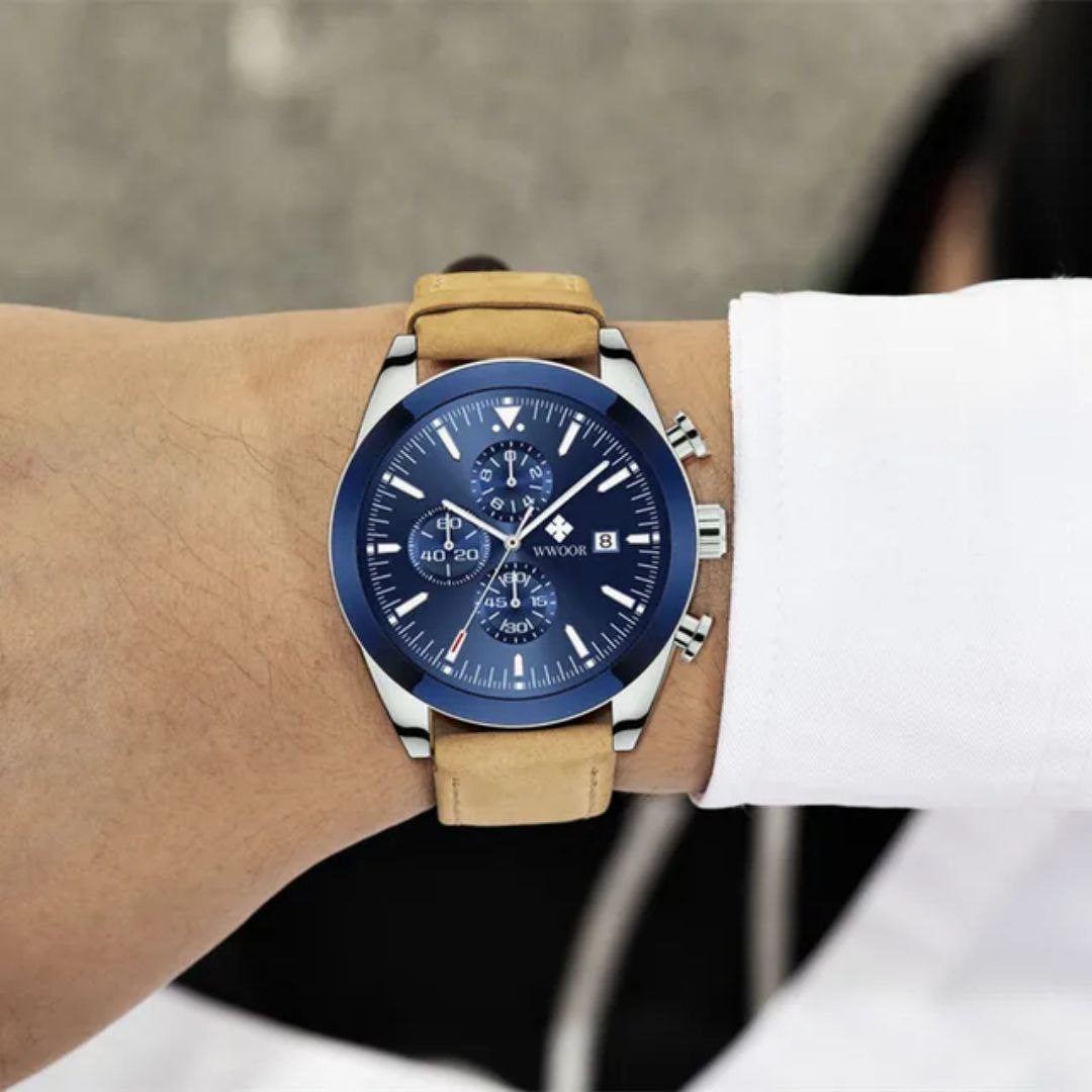 Chronograph Watch WWOOR 8838 Men Quartz Casual Wristwatch Blue black Sports Leather Watches