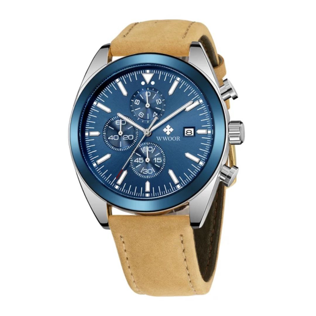 Chronograph Watch WWOOR 8838 Men Quartz Casual Wristwatch Blue black Sports Leather Watches