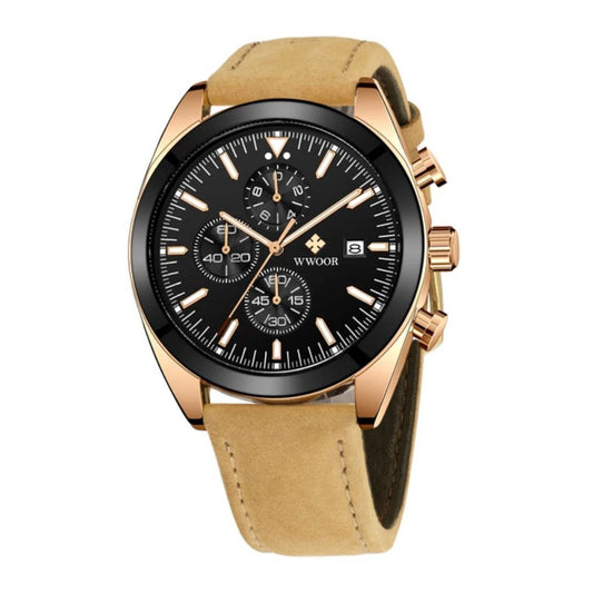 Chronograph Watch WWOOR 8838 Men Quartz Casual Wristwatch Blue black Sports Leather Watches