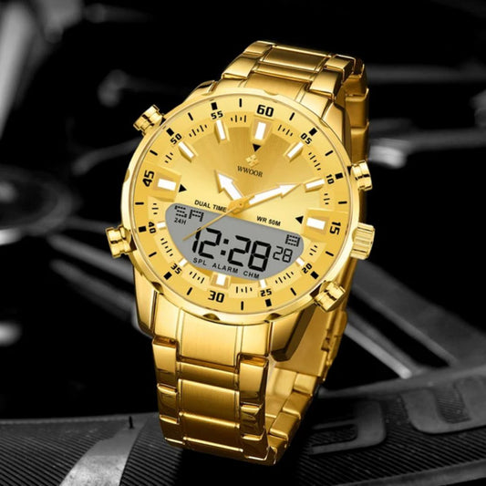 WWOOR 8890 New Stainless Steel Waterproof Quartz Watch For Men Fashion Dual Display Digital Watches Mens Luxury Wristwatches