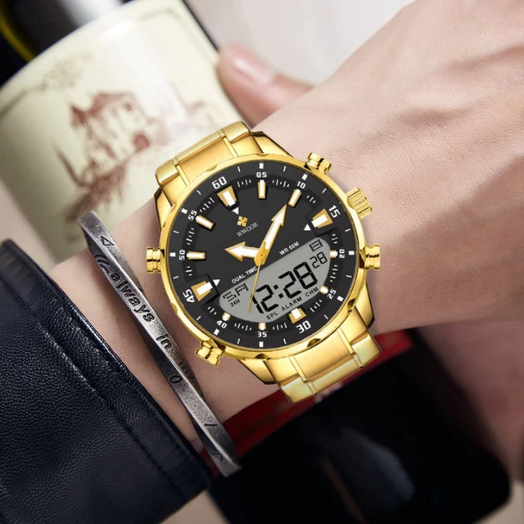 WWOOR 8890 New Stainless Steel Waterproof Quartz Watch For Men Fashion Dual Display Digital Watches Mens Luxury Wristwatches