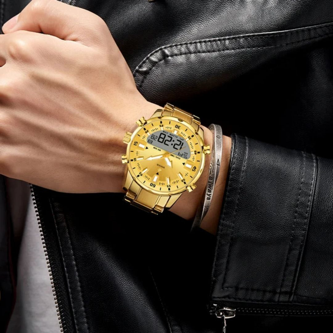 WWOOR 8890 New Stainless Steel Waterproof Quartz Watch For Men Fashion Dual Display Digital Watches Mens Luxury Wristwatches