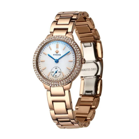 Wwoor 8854 Simple Diamonds Dial Design Fashion Women's Watch Stainless Steel Band 3ATM Waterproof Protection Charm For Ladies