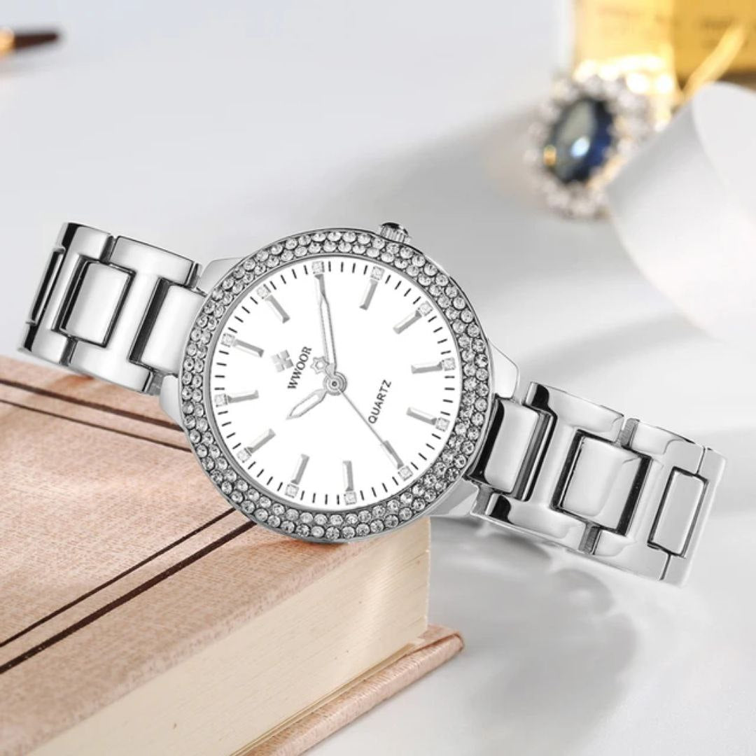 Wwoor 8854 Simple Diamonds Dial Design Fashion Women's Watch Stainless Steel Band 3ATM Waterproof Protection Charm For Ladies