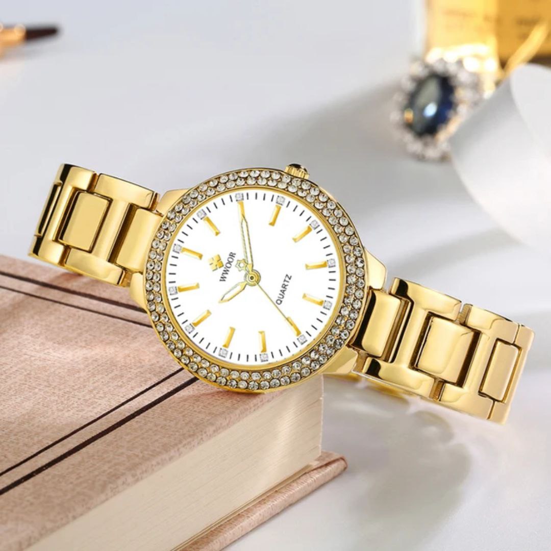 Wwoor 8854 Simple Diamonds Dial Design Fashion Women's Watch Stainless Steel Band 3ATM Waterproof Protection Charm For Ladies