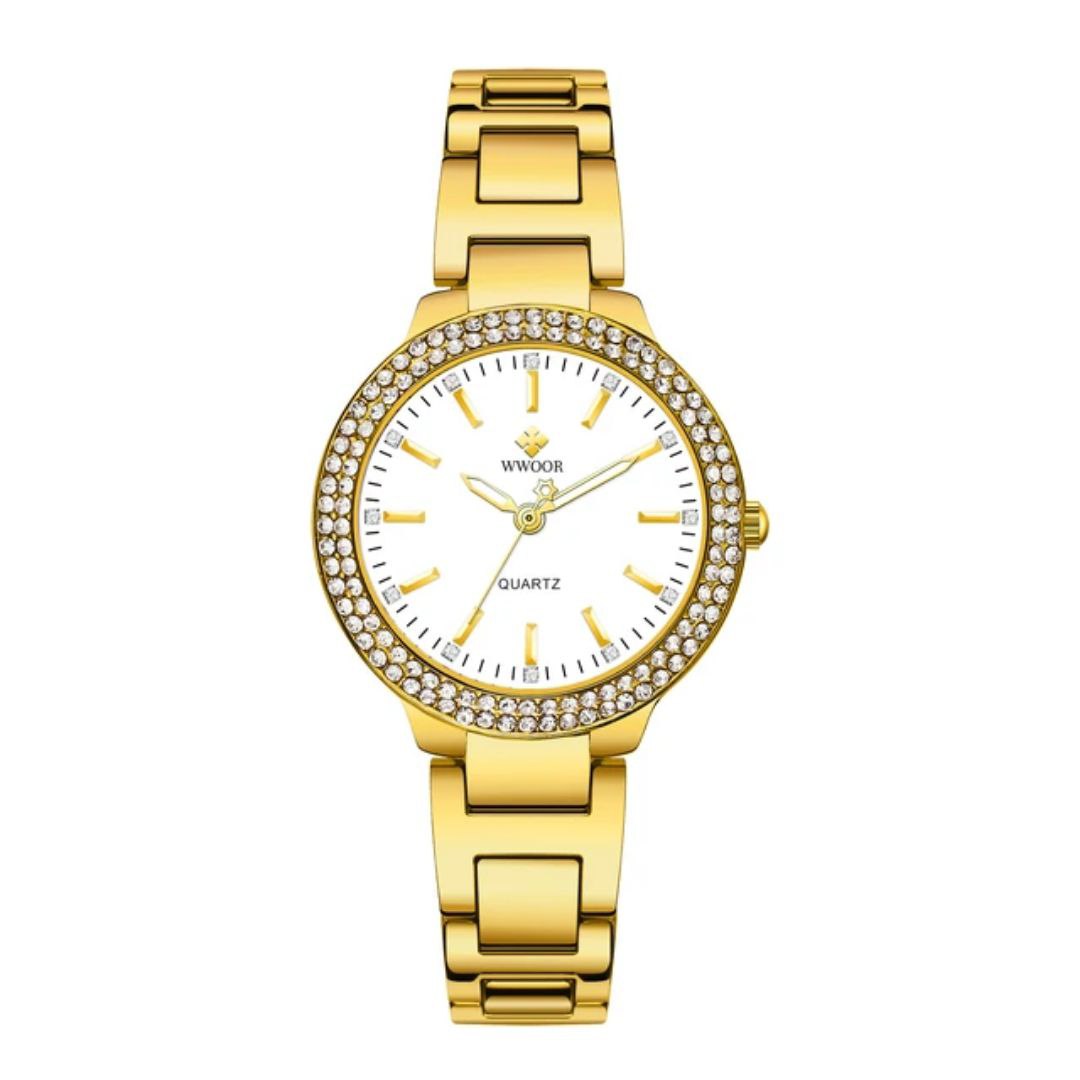 Wwoor 8854 Simple Diamonds Dial Design Fashion Women's Watch Stainless Steel Band 3ATM Waterproof Protection Charm For Ladies