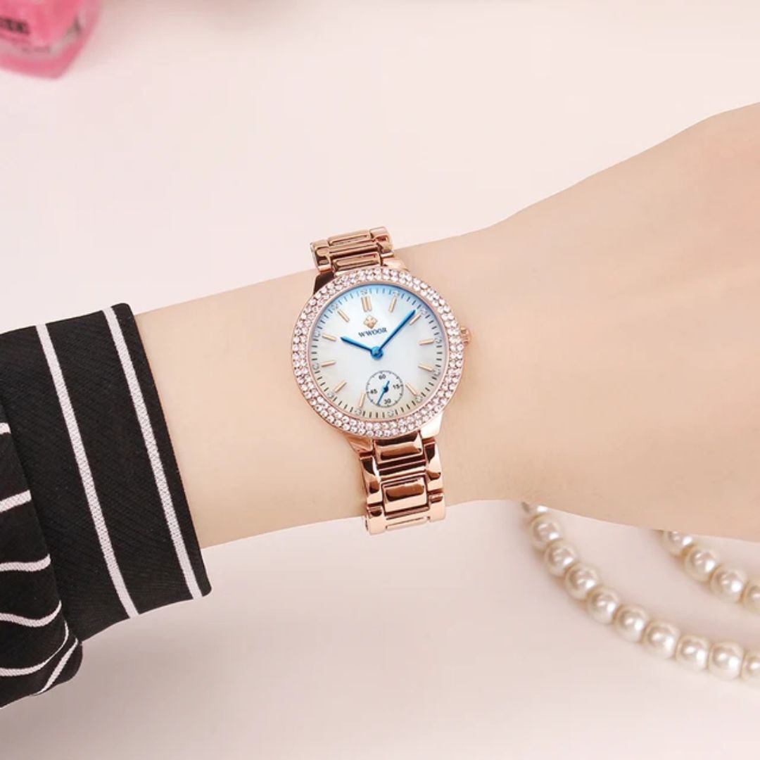 Wwoor 8854 Simple Diamonds Dial Design Fashion Women's Watch Stainless Steel Band 3ATM Waterproof Protection Charm For Ladies