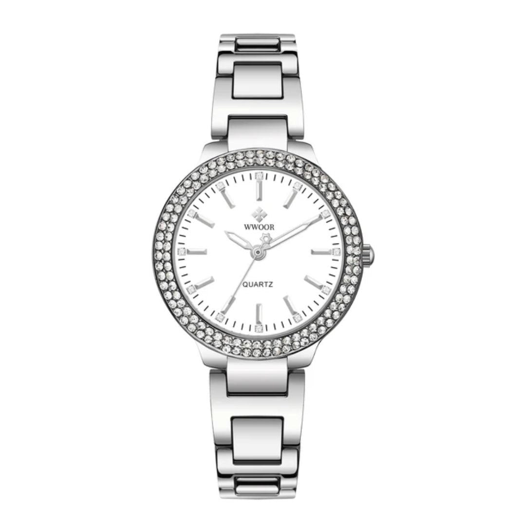 Wwoor 8854 Simple Diamonds Dial Design Fashion Women's Watch Stainless Steel Band 3ATM Waterproof Protection Charm For Ladies