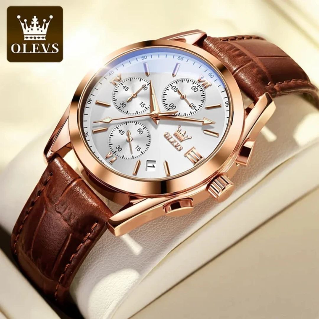 Olevs New 2872 Leather Multi Function Chronograph Men's Watch Waterproof Quartz Watch Luxury Gold Sports Watch