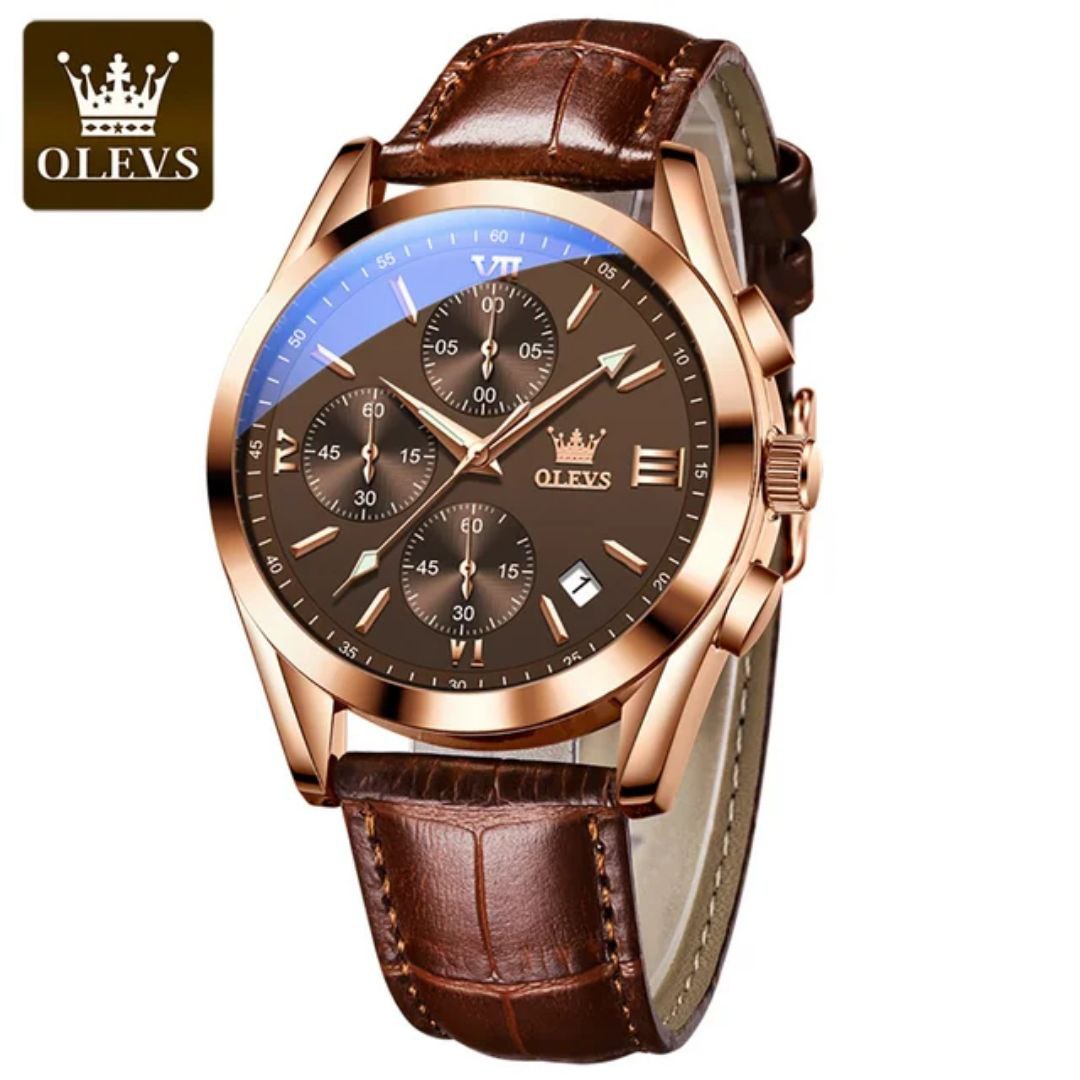 Olevs New 2872 Leather Multi Function Chronograph Men's Watch Waterproof Quartz Watch Luxury Gold Sports Watch