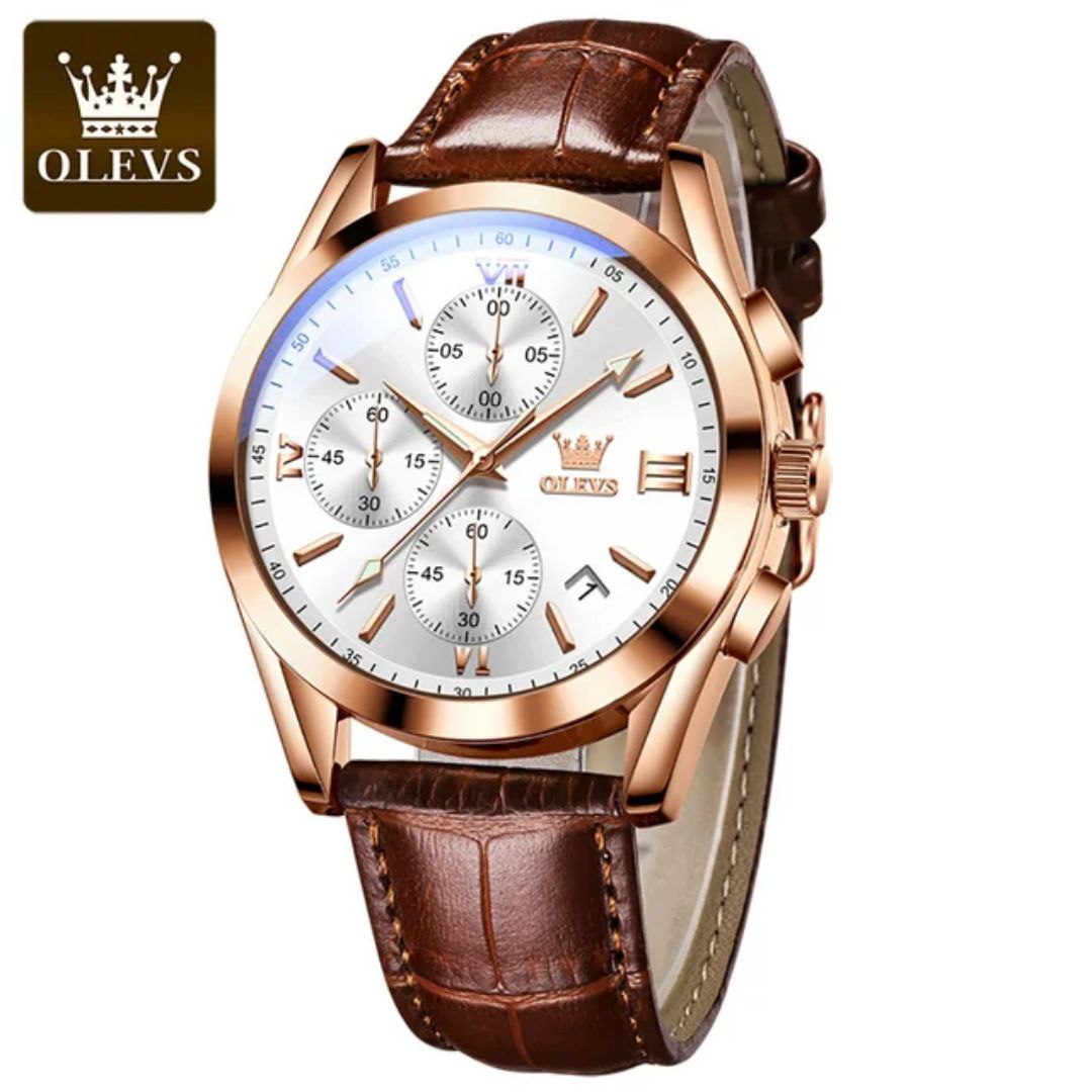 Olevs New 2872 Leather Multi Function Chronograph Men's Watch Waterproof Quartz Watch Luxury Gold Sports Watch