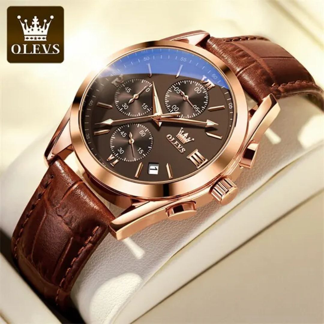 Olevs New 2872 Leather Multi Function Chronograph Men's Watch Waterproof Quartz Watch Luxury Gold Sports Watch