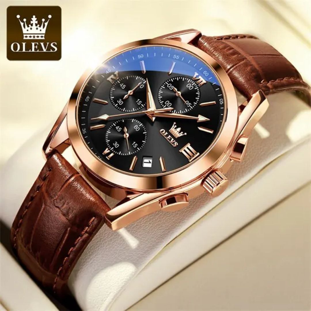 Olevs New 2872 Leather Multi Function Chronograph Men's Watch Waterproof Quartz Watch Luxury Gold Sports Watch