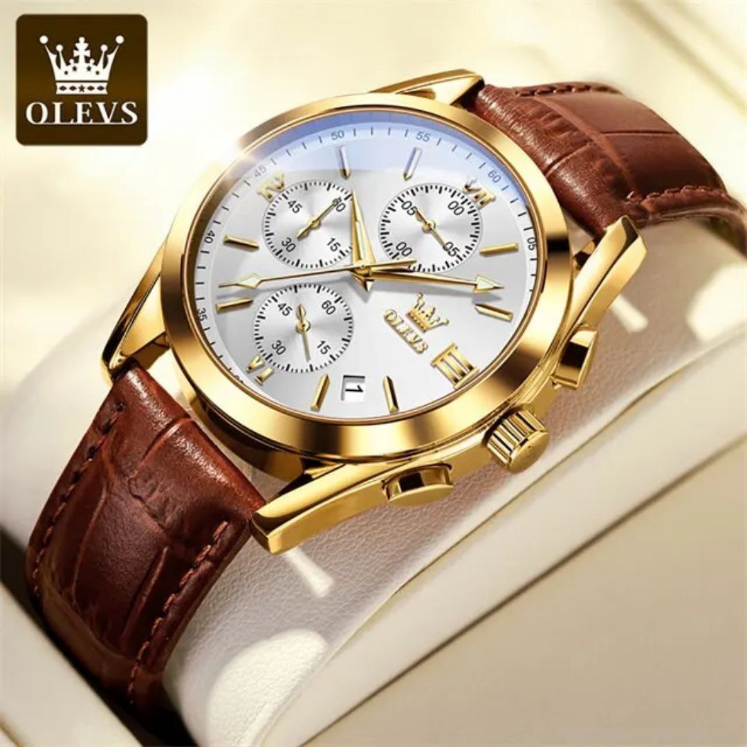 Olevs New 2872 Leather Multi Function Chronograph Men's Watch Waterproof Quartz Watch Luxury Gold Sports Watch