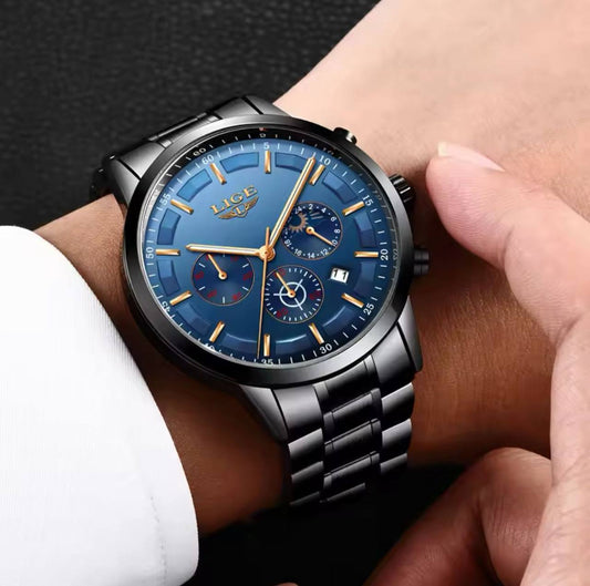 Watch Hot Selling Business Gift Watches Men LIGE 9877  Wrist Casual Stainless Steel Band Waterproof Watch