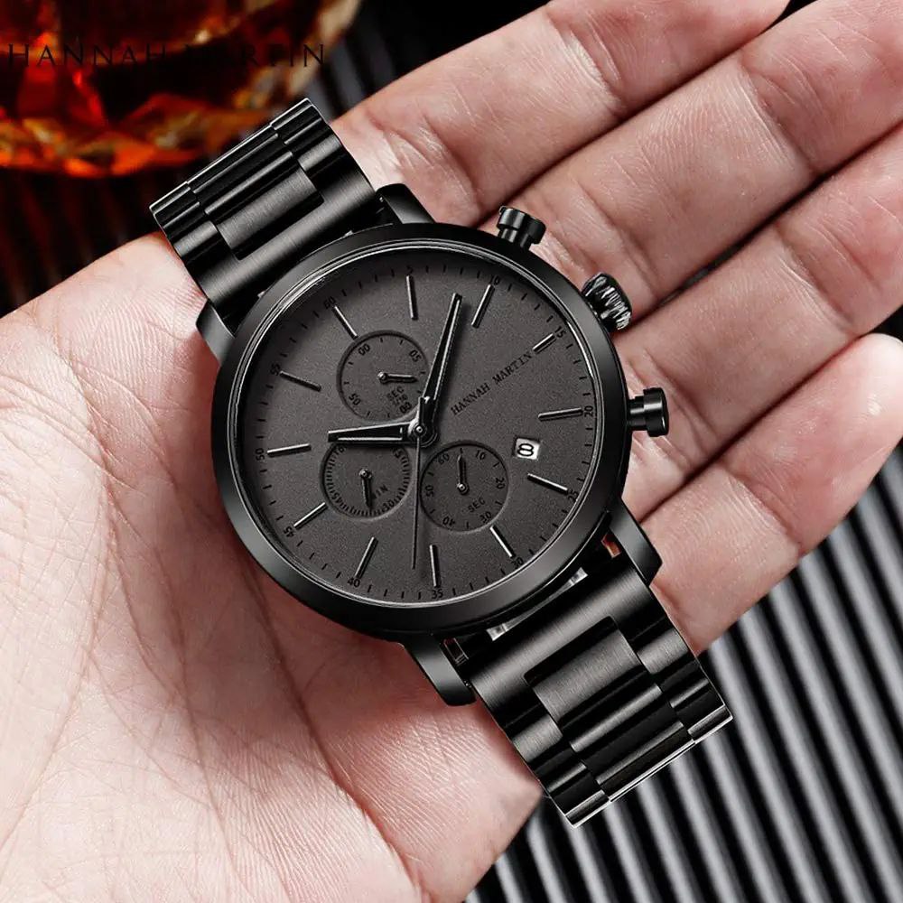 Famous Brand HANNAH MARTIN HM-109 Quartz Waterproof Chronograph Date Stainless Steel Band Watch Men Luxury