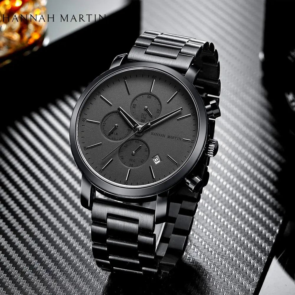 Famous Brand HANNAH MARTIN HM-109 Quartz Waterproof Chronograph Date Stainless Steel Band Watch Men Luxury