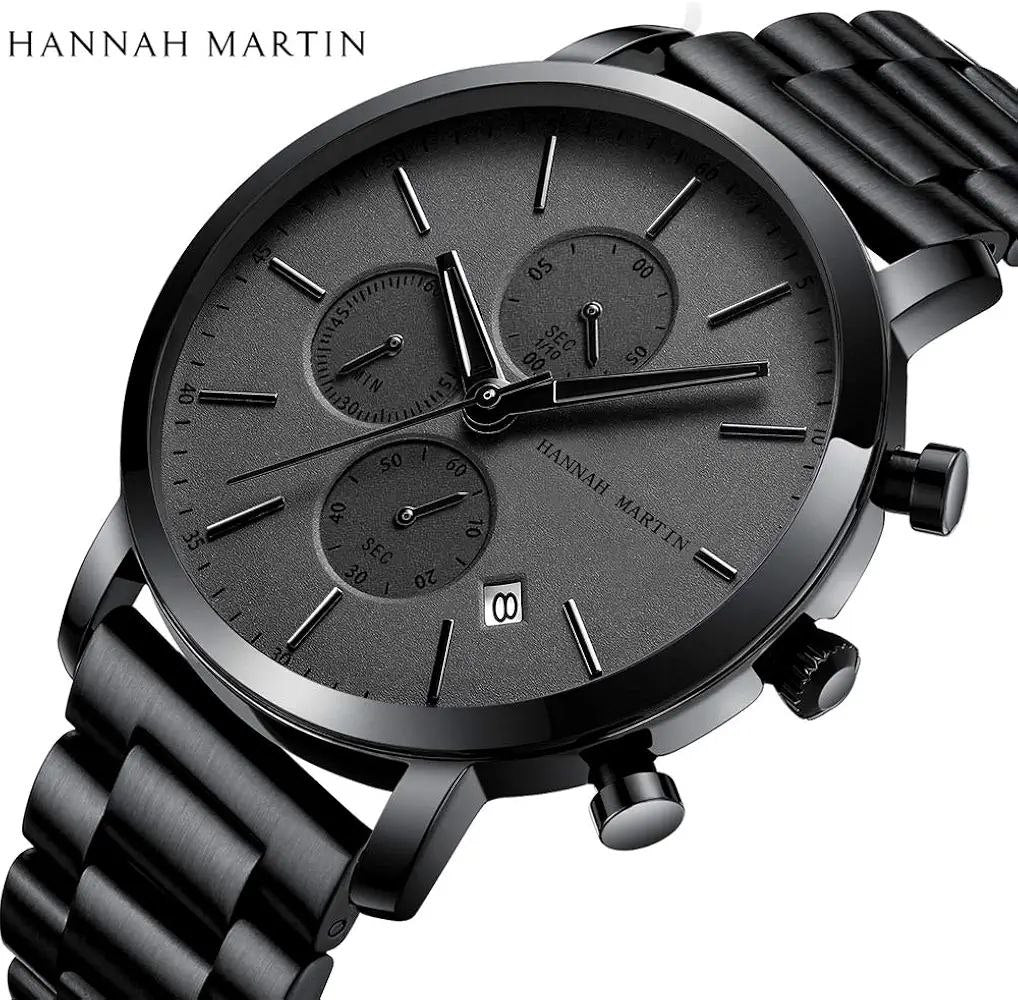 Famous Brand HANNAH MARTIN HM-109 Quartz Waterproof Chronograph Date Stainless Steel Band Watch Men Luxury