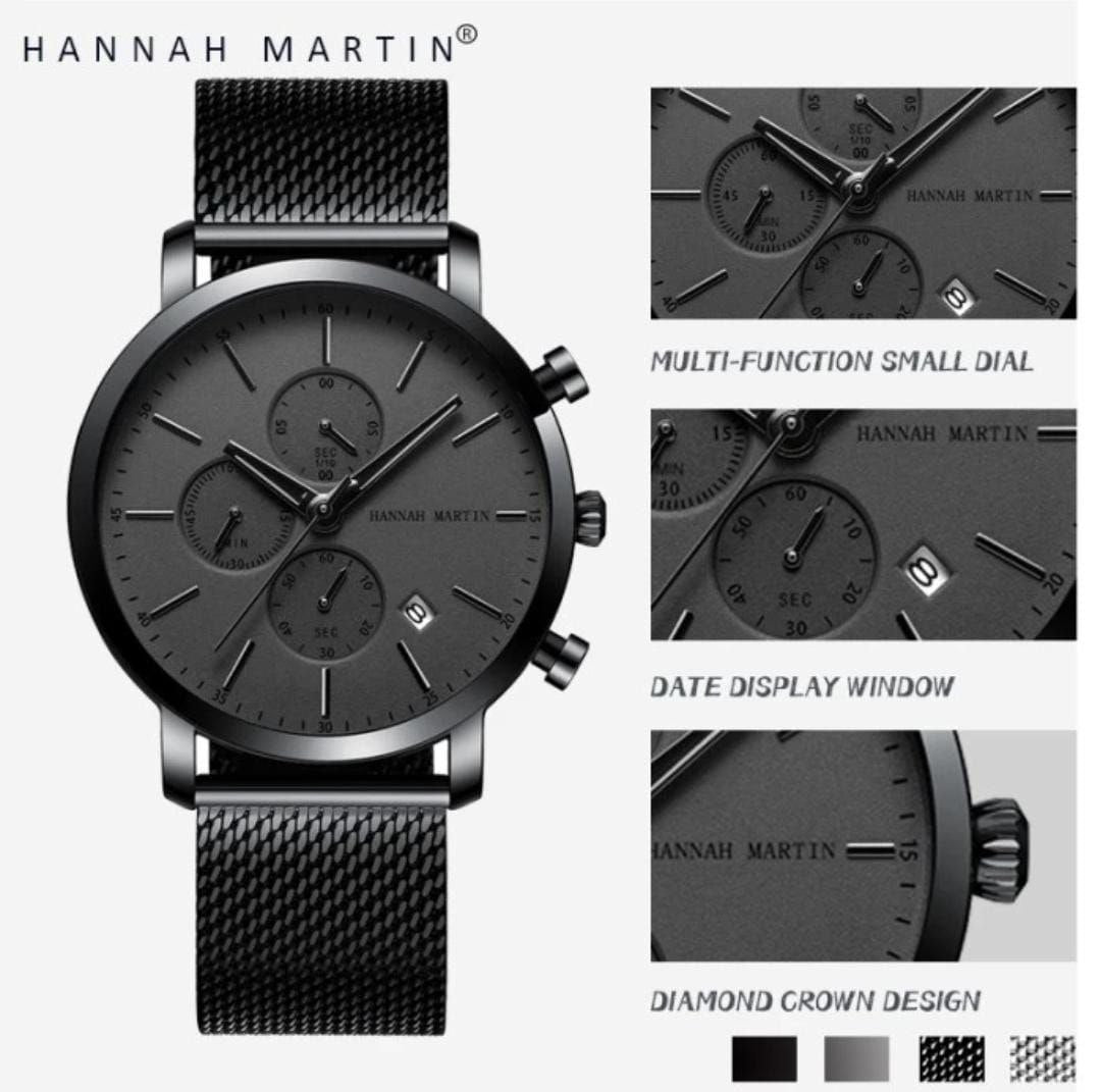 Famous Brand HANNAH MARTIN HM-109 Quartz Waterproof Chronograph Date Stainless Steel Band Watch Men Luxury