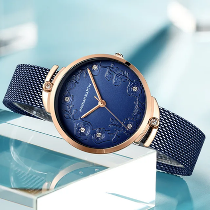 Hot Selling women Ladies Watch  HM 119 HANNAH MARTIN Quartz Watch  Luxury Mesh Engraved Roses Diamond Dial Women Watches