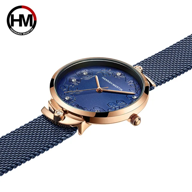 Hot Selling women Ladies Watch  HM 119 HANNAH MARTIN Quartz Watch  Luxury Mesh Engraved Roses Diamond Dial Women Watches