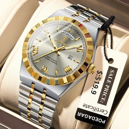 POEDAGAR 675 Calendar Waterproof Luminous Men Wristwatch Luxury Top Classic Week Date Stainless Steel Strap Quartz Watch for Man