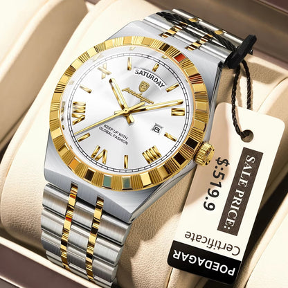POEDAGAR 675 Calendar Waterproof Luminous Men Wristwatch Luxury Top Classic Week Date Stainless Steel Strap Quartz Watch for Man