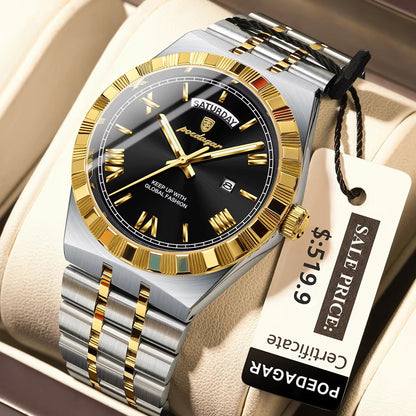 POEDAGAR 675 Calendar Waterproof Luminous Men Wristwatch Luxury Top Classic Week Date Stainless Steel Strap Quartz Watch for Man