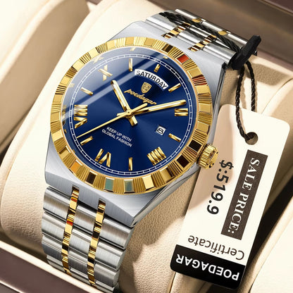 POEDAGAR 675 Calendar Waterproof Luminous Men Wristwatch Luxury Top Classic Week Date Stainless Steel Strap Quartz Watch for Man
