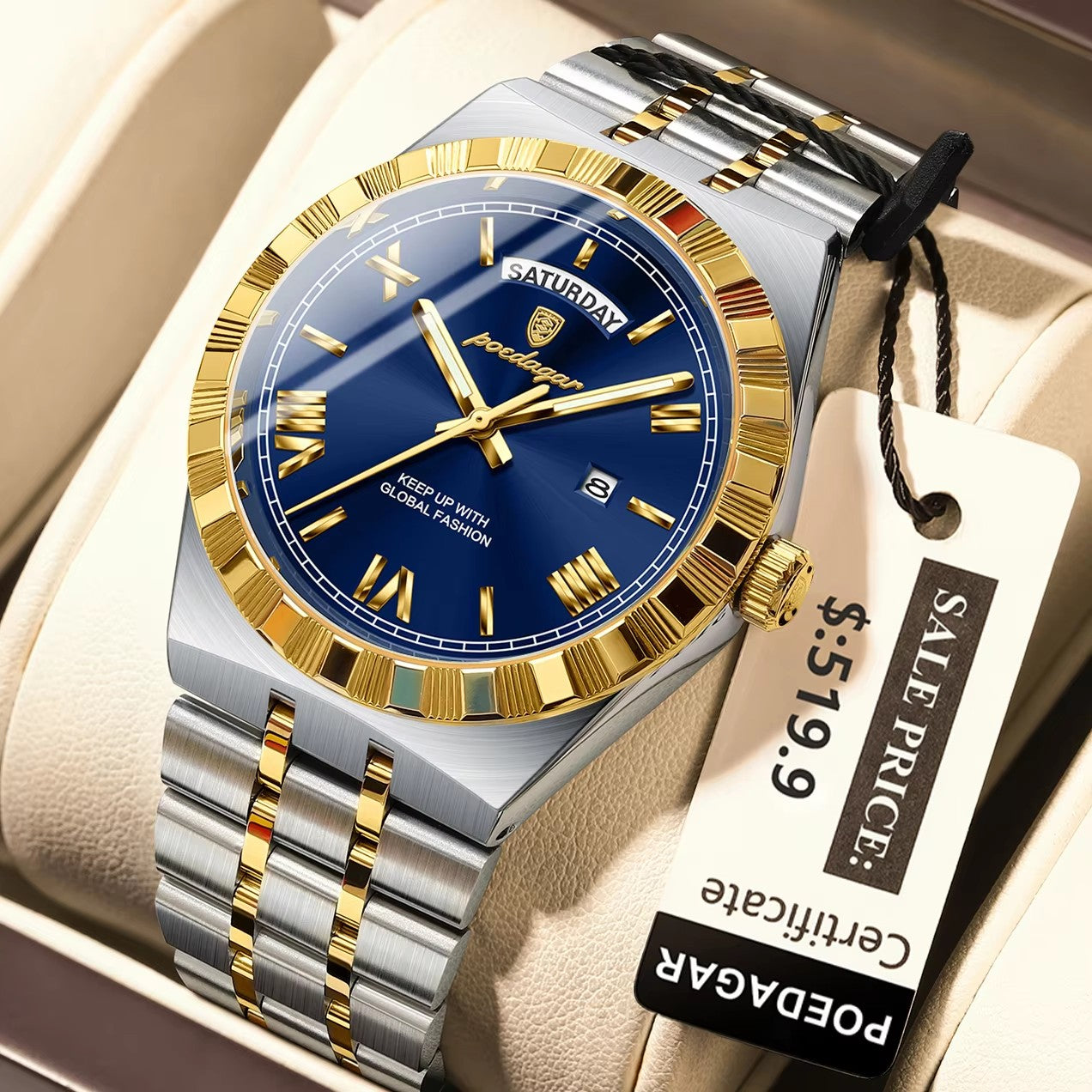 POEDAGAR 675 Calendar Waterproof Luminous Men Wristwatch Luxury Top Classic Week Date Stainless Steel Strap Quartz Watch for Man