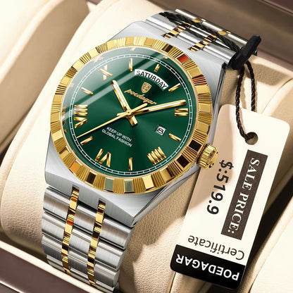 POEDAGAR 675 Calendar Waterproof Luminous Men Wristwatch Luxury Top Classic Week Date Stainless Steel Strap Quartz Watch for Man