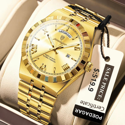 POEDAGAR 675 Calendar Waterproof Luminous Men Wristwatch Luxury Top Classic Week Date Stainless Steel Strap Quartz Watch for Man