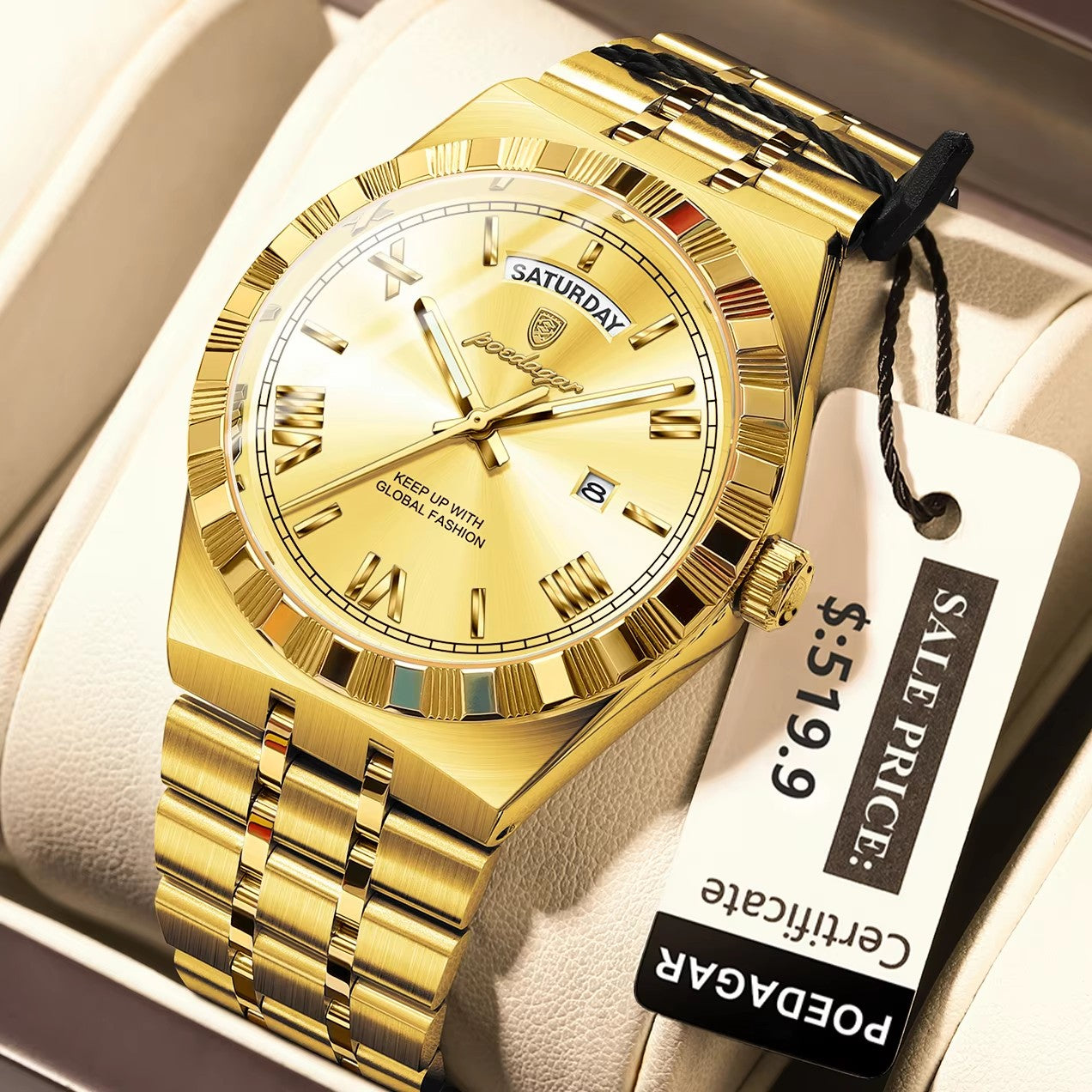 POEDAGAR 675 Calendar Waterproof Luminous Men Wristwatch Luxury Top Classic Week Date Stainless Steel Strap Quartz Watch for Man