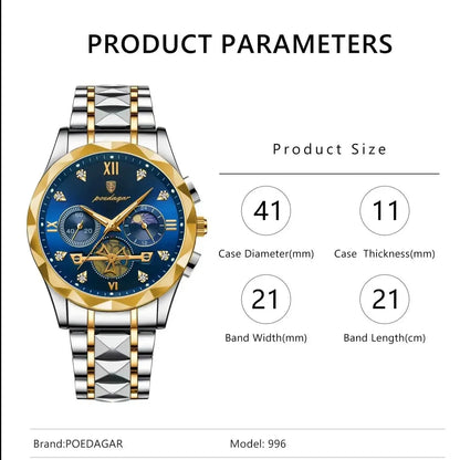 Fashion Quartz Men Watch POEDAGAR 996 Stainless Steel Men's Luxury Wristwatches Top Brand Business Waterproof Date Watch For Men