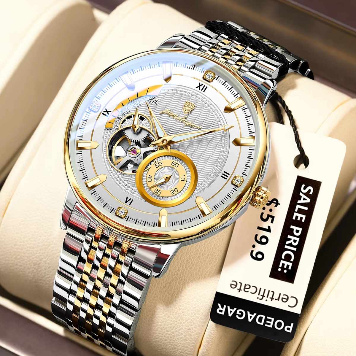 POEDAGAR 1416 Top Luxury Men Luminous Hollow Tourbillon Automatic Man Wristwatch Mechanical Stainless Steel Men's Watches