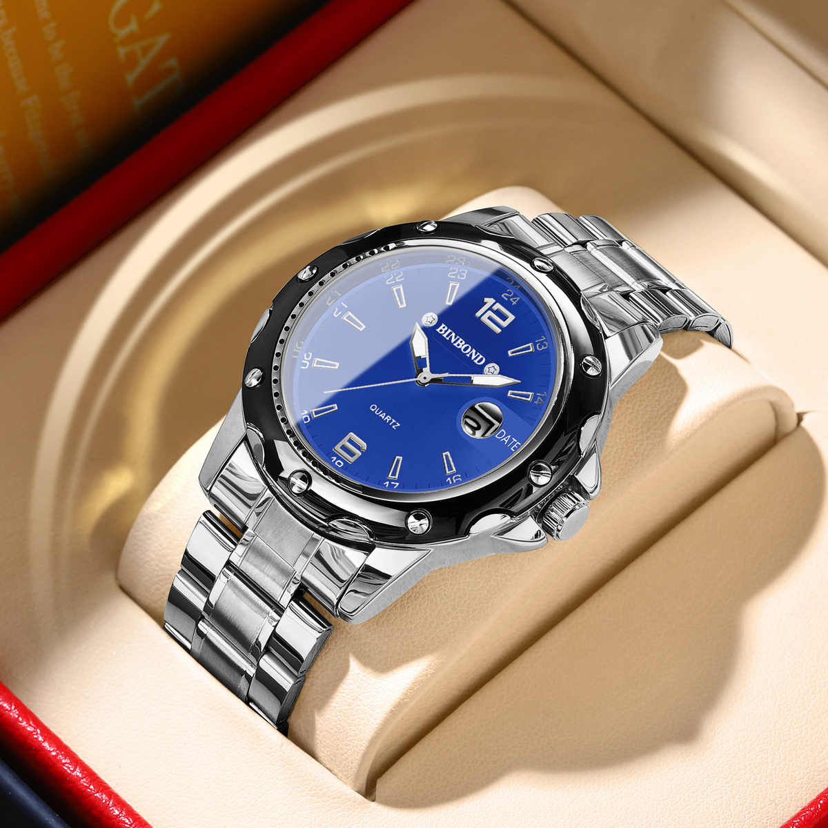 Binbond B9696 9696 Japan Movement Auto Date Display Luminous Calendar Waterproof Male Stainless Steel Quartz for Men's Watches