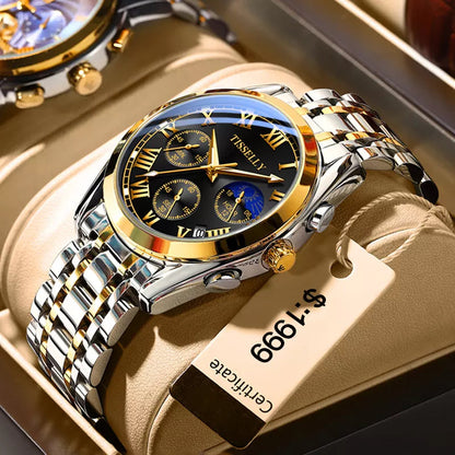 New TISSELLY 6601 Gold Watch Diamond Steel Moon multi-function Quartz Mens Watches Top Brand Luxury