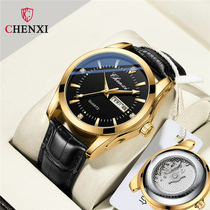 Mens Watch Black Leather Strap CHENXI 0021  Waterproof Luminous Date Week Quartz Watch Men Dual Calendar Fashion Business Clock