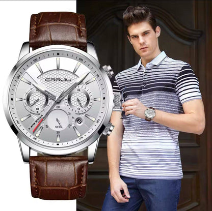 CRRJU Brand 2212 Men Watches Leather Strap Quartz Casual Business Wrist Watch Fashion Chronograph Water Resistant
