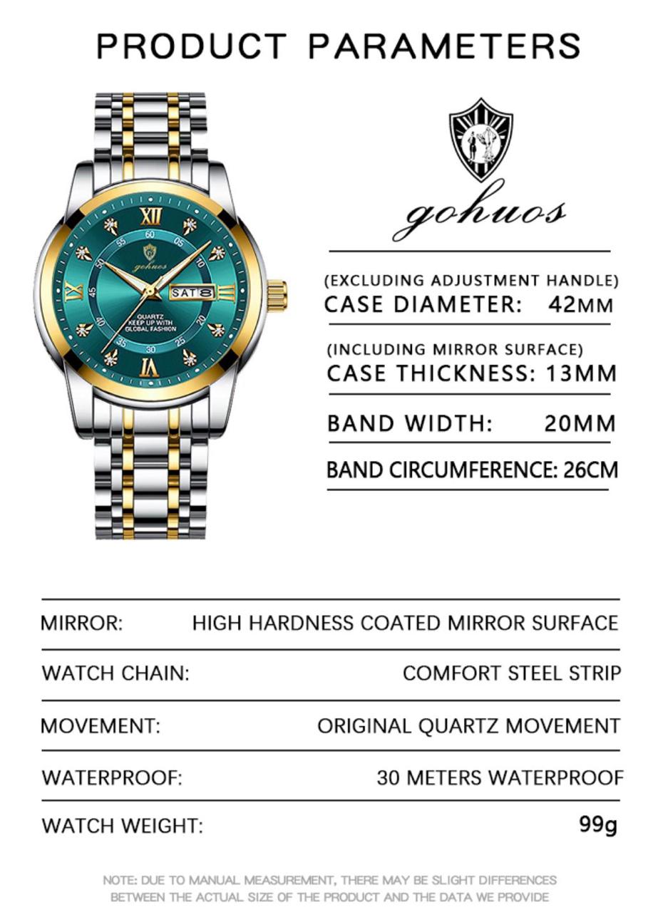 Business Casual Watch for Men GOHUOS 808 Stainless Steel Top Quality Luxury Luminous Date Week Sport Wrist Watches