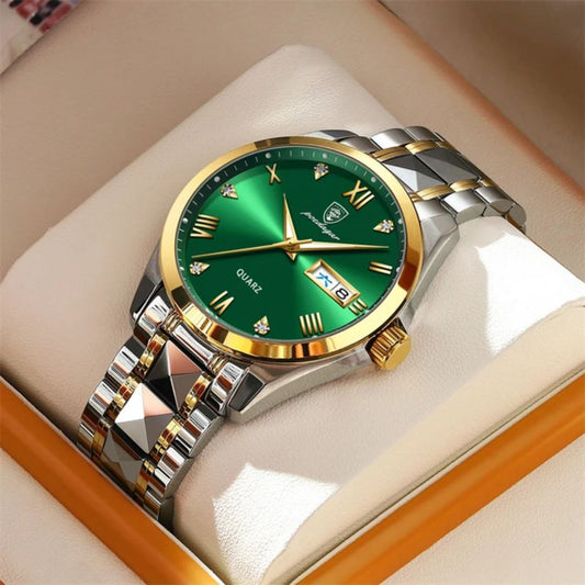 Poedagar 985 Luxury Fashion Stainless Steel Green Dial Watch Men Waterproof Luminous Week Date Sport Men Quartz Wristwatch