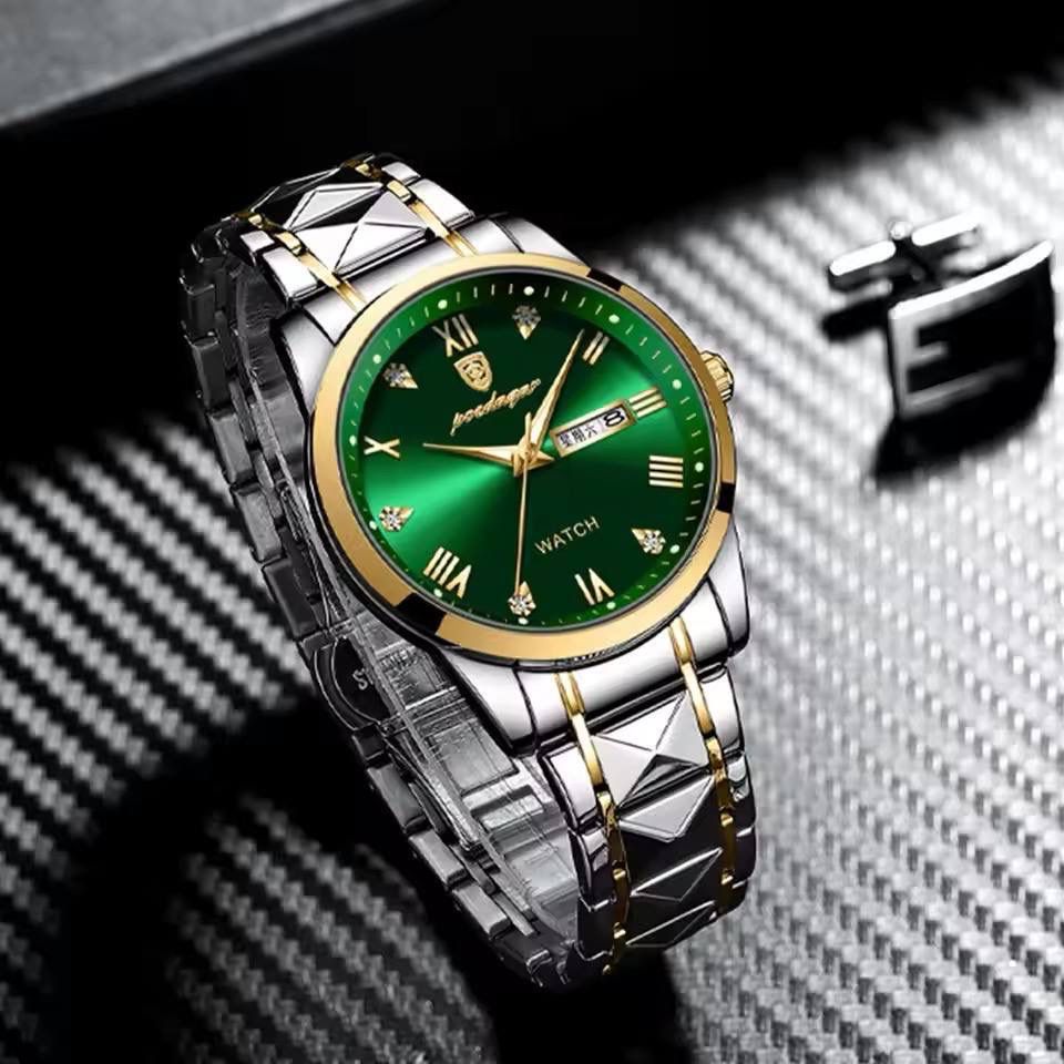 Poedagar 985 Luxury Fashion Stainless Steel Green Dial Watch Men Waterproof Luminous Week Date Sport Men Quartz Wristwatch