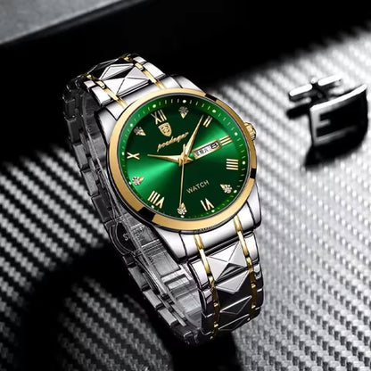 Poedagar 985 Luxury Fashion Stainless Steel Green Dial Watch Men Waterproof Luminous Week Date Sport Men Quartz Wristwatch