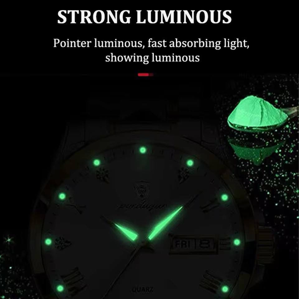 Poedagar 985 Luxury Fashion Stainless Steel Green Dial Watch Men Waterproof Luminous Week Date Sport Men Quartz Wristwatch